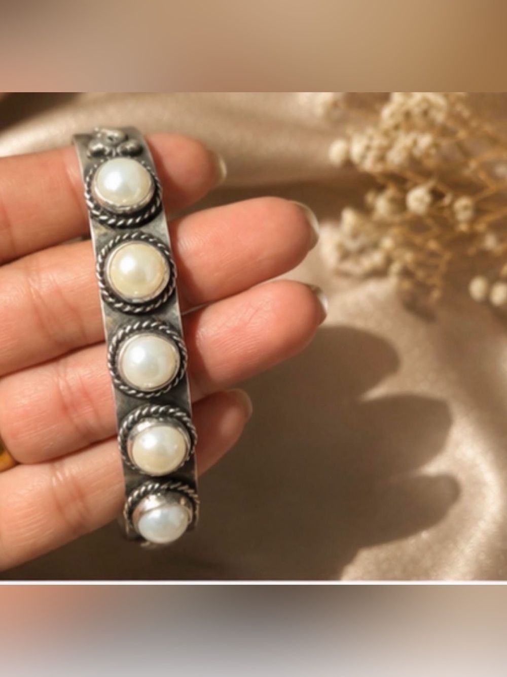925Sterling Silver plated Pearl Western Cuff Bracelet - White Pearls